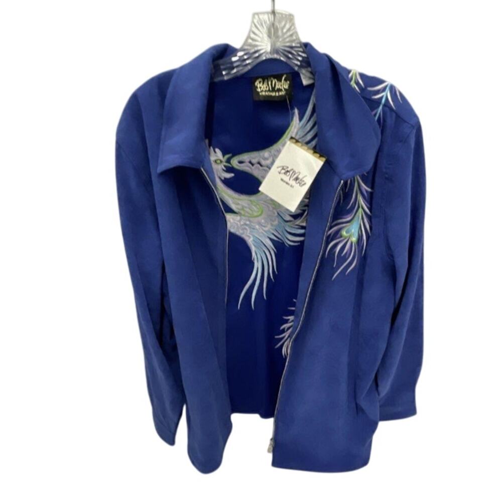 Bob Mackie Wearable Art Blue Microsuede Embroidered Bird Jacket Pant Set XL NWT
